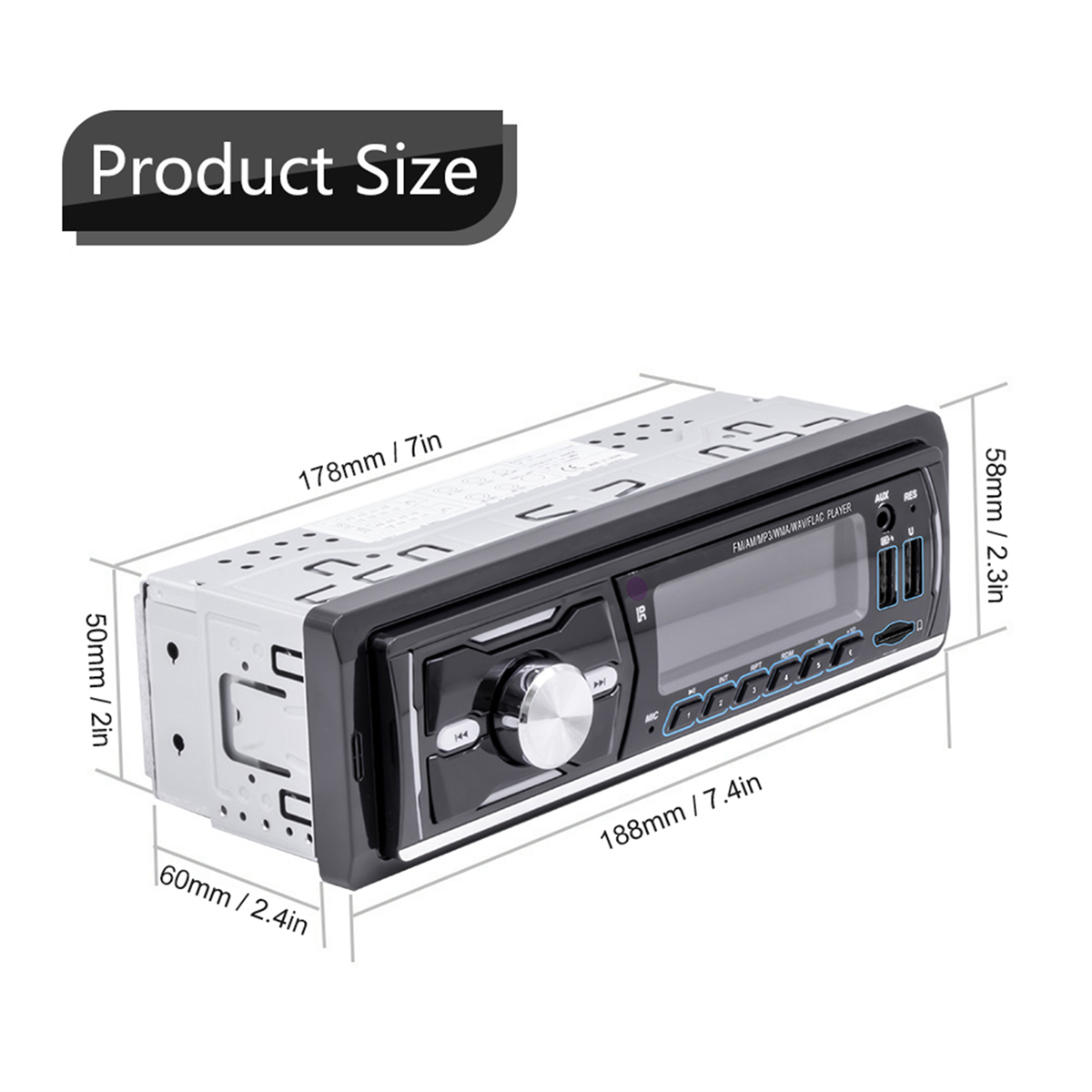 Autoradio mit Abmessungen: 178 mm x 7 Zoll, 58 mm x 2,3 Zoll, 50 mm x 2 Zoll, und 60 mm x 2,4 Zoll.