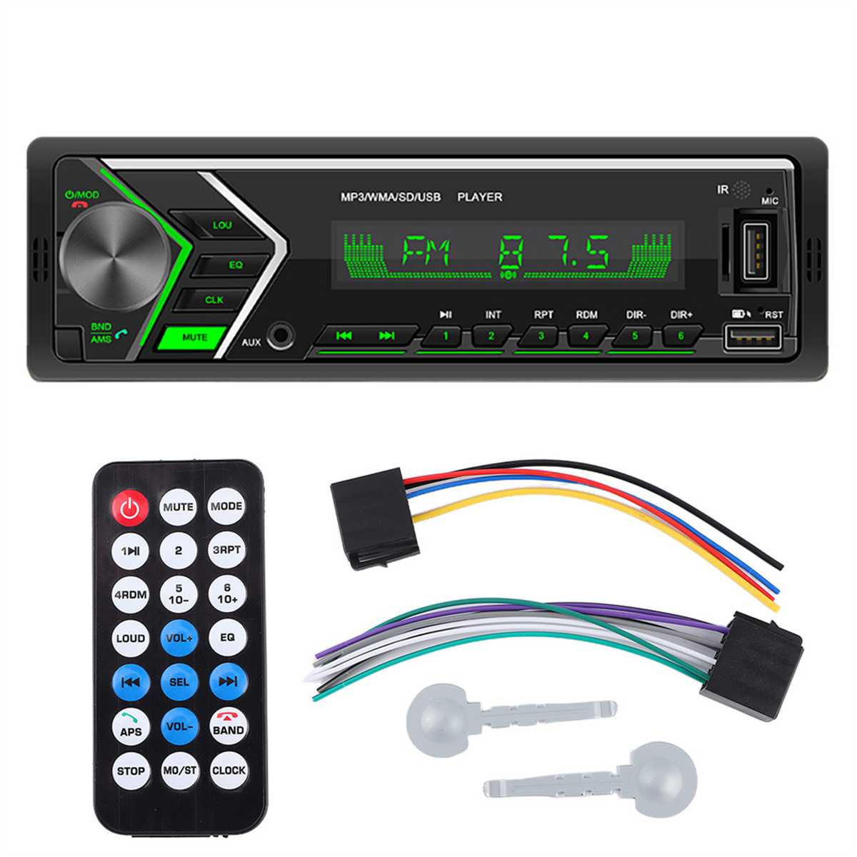 Autoradio mit Fernbedienung, Kabeln und Schlüsseln. Das Display zeigt FM 87.5. Tasten für verschiedene Funktionen.
