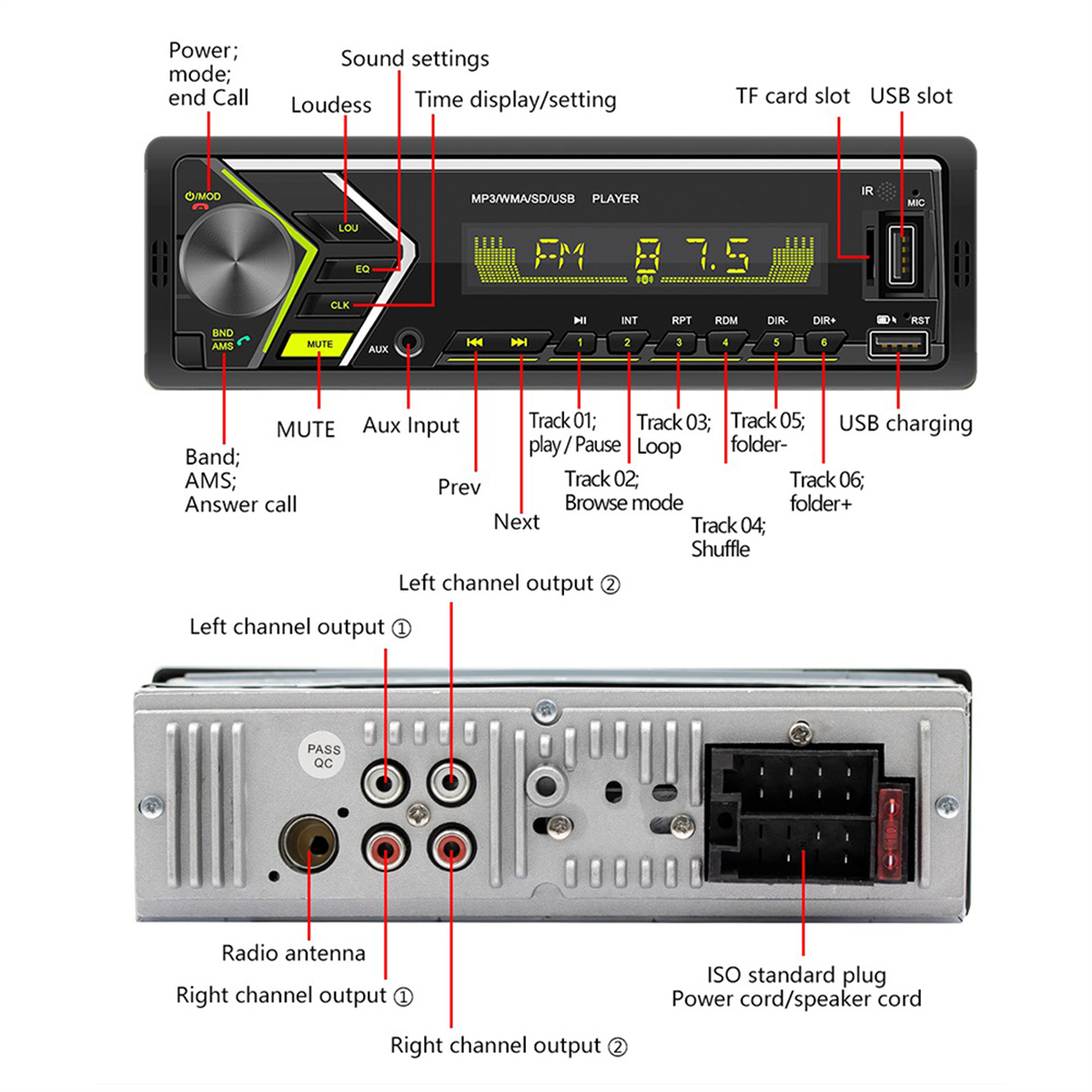 Autoradio mit Tasten, Display und verschiedenen Einstellungen. Enthält Radio, USB-Laden und AUX-Eingang.