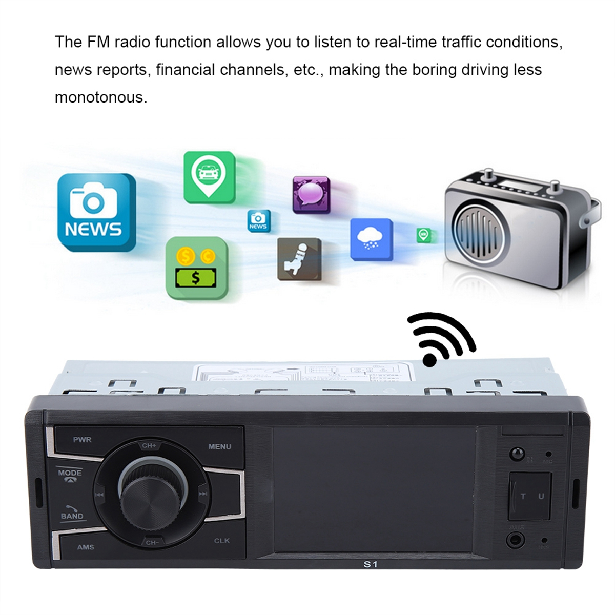 Autoradio mit Bildschirm und Knöpfen, mit Symbolen und einem WLAN-Symbol. Symbole oben.