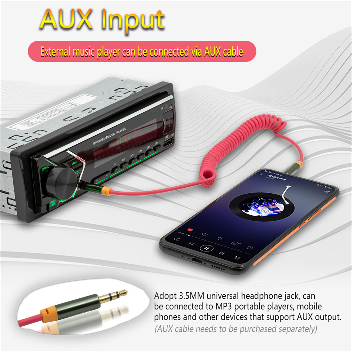 Ein Autoradio mit einem Telefon, das über ein pinkes Aux-Kabel verbunden ist. Der Bildschirm zeigt Musiksteuerungen an.