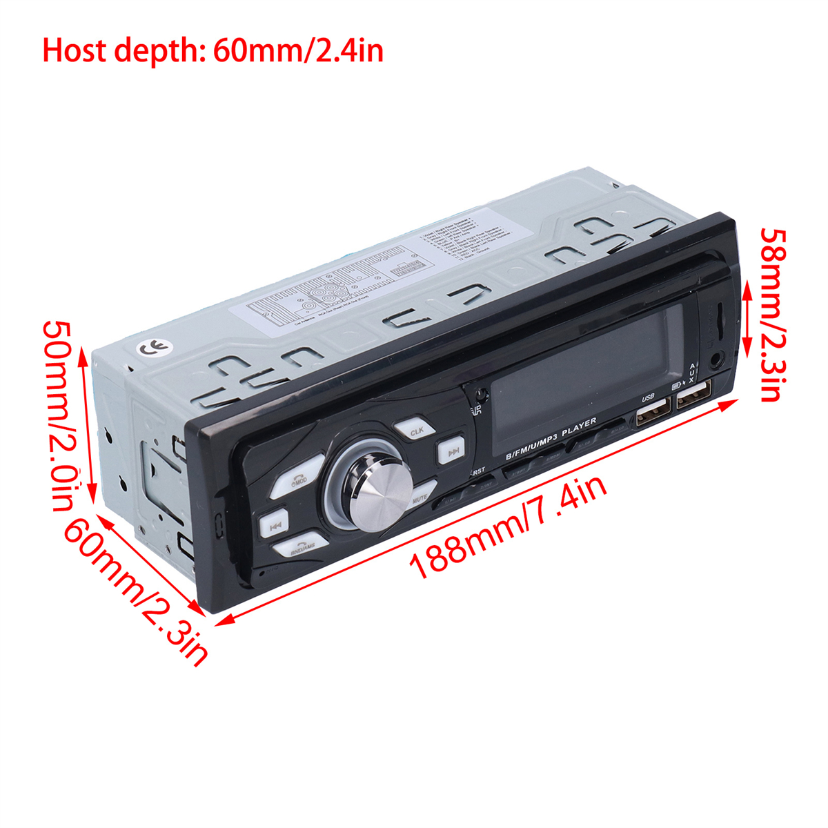 Autoradio mit Abmessungen. Schwarze Front mit Knöpfen und silbernem Drehknopf, USB-Anschlüsse.