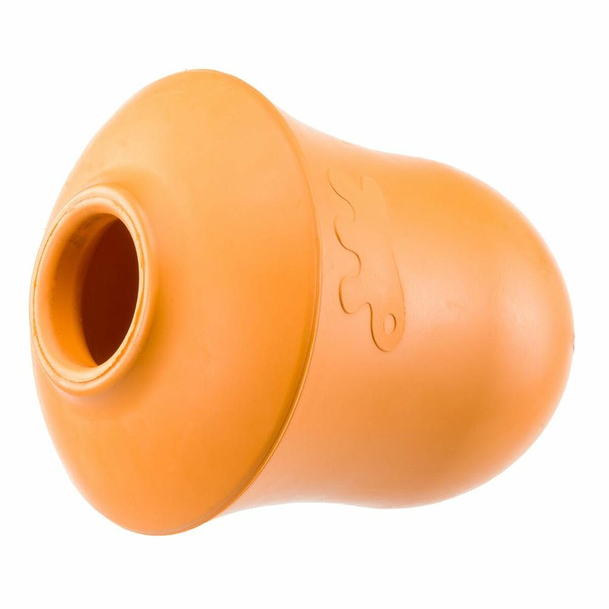 Un giocattolo per cani arancione. Ha la forma di una campana arrotondata con un foro in cima.