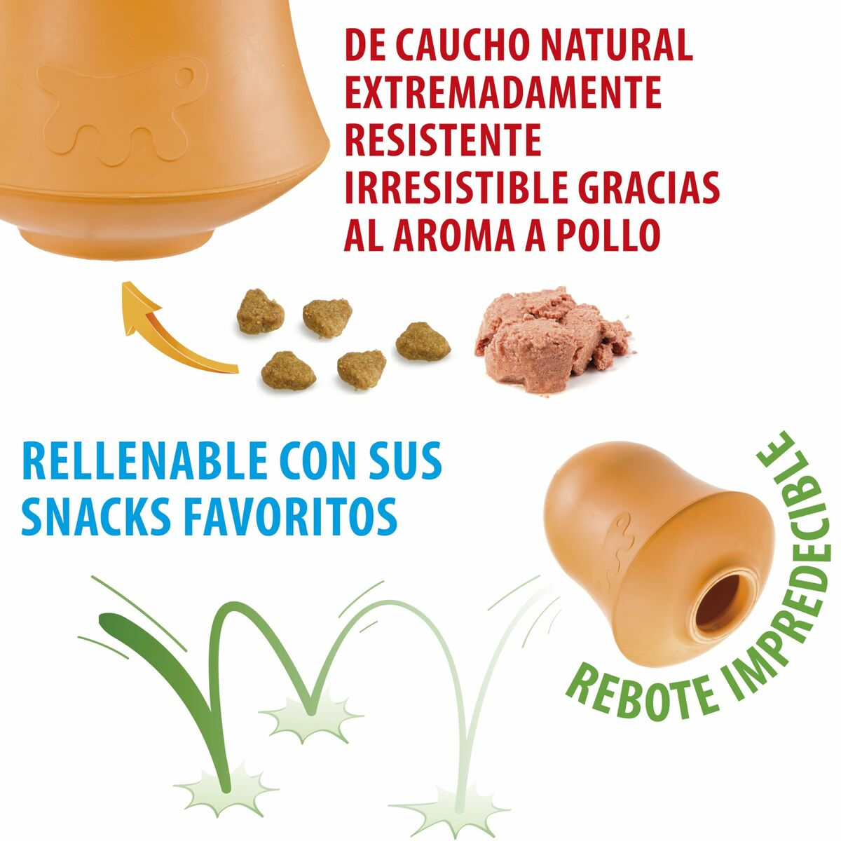 Giocattolo per cani arancione con cibo, testo: Rellenable con sus snacks favoritos, e Rebote Impredecible.