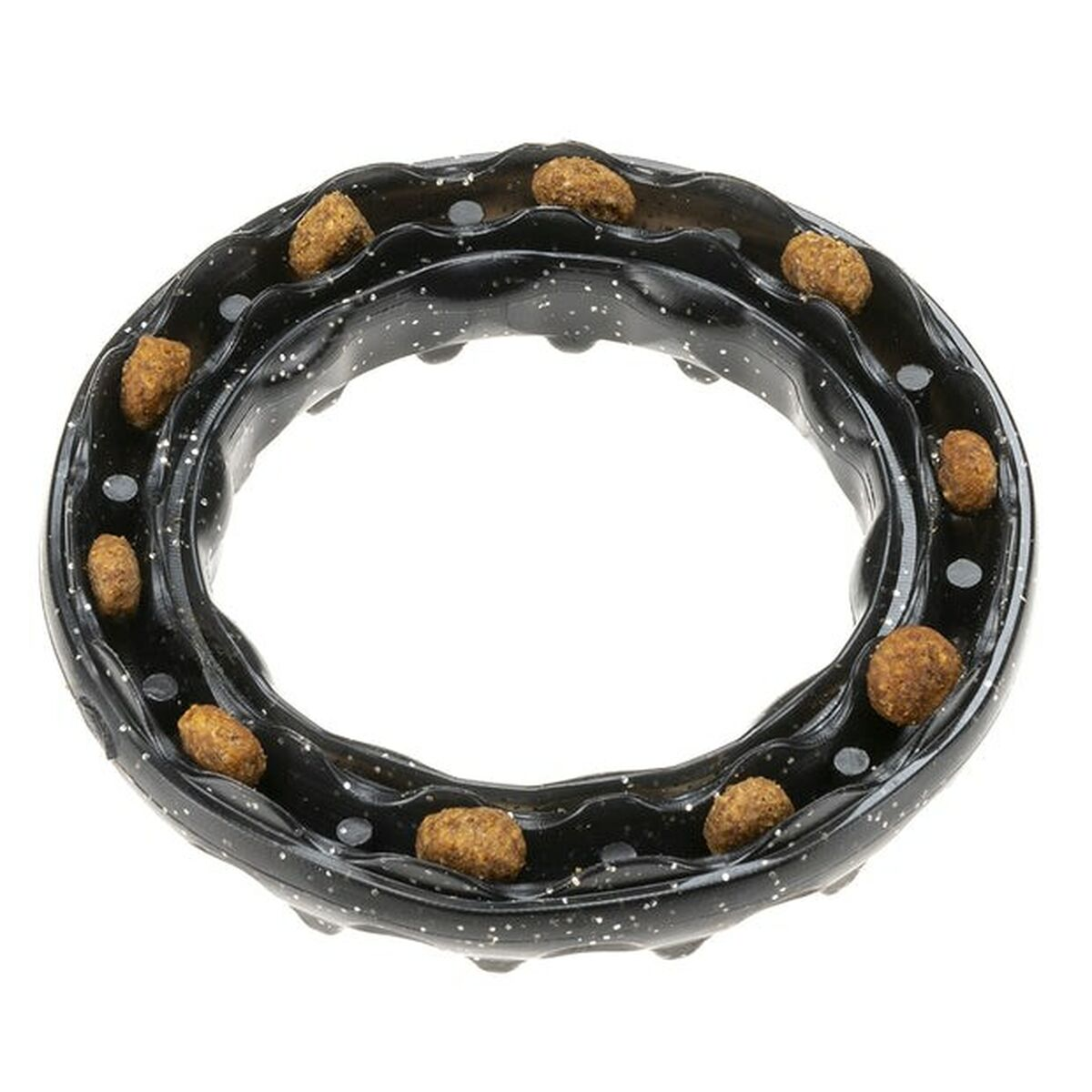 Giocattolo nero per cani con pellet all'interno, forma circolare con una trama a pois.