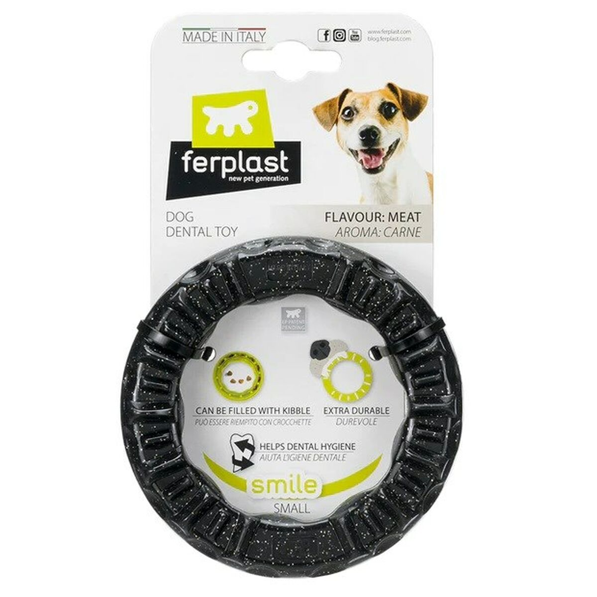 Giocattolo dentale per cani in confezione. Giocattolo nero, rotondo con superficie strutturata e testo.