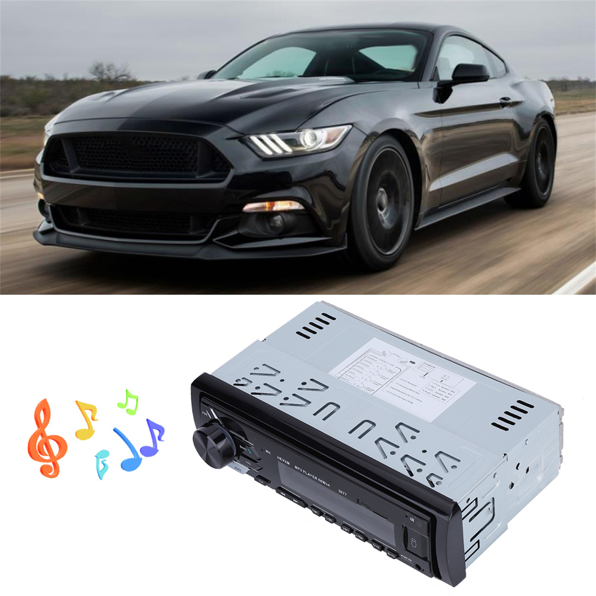 Schwarzes Autoradio mit schwarzem Auto im Hintergrund und Noten.