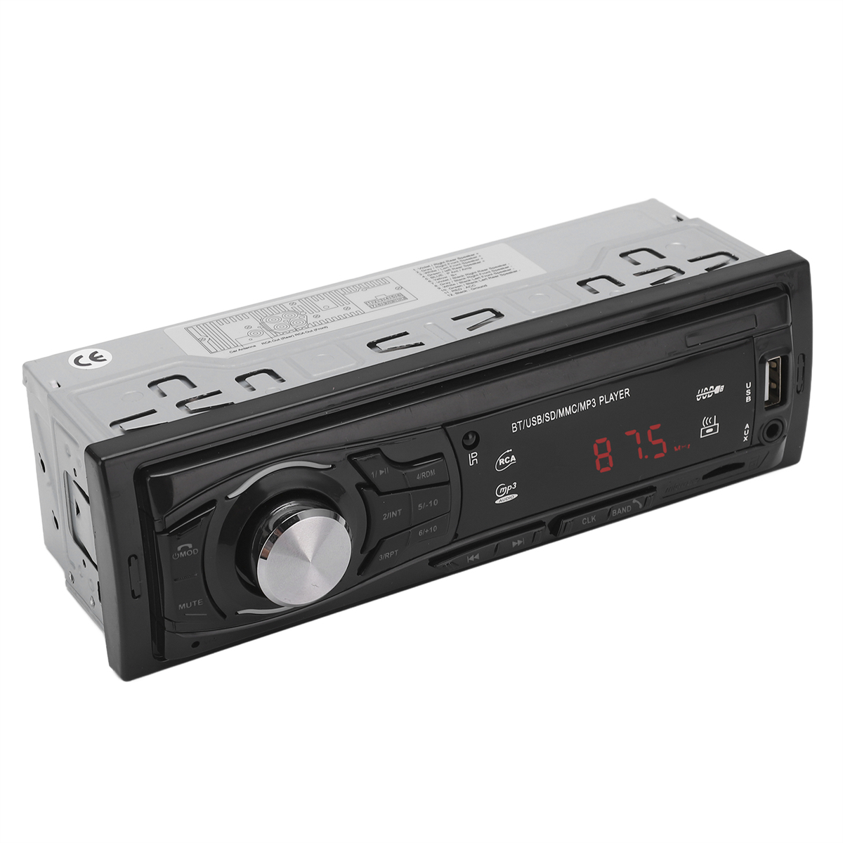 Schwarzes Autoradio mit digitaler Anzeige. Es hat Knöpfe und einen Lautstärkeregler.