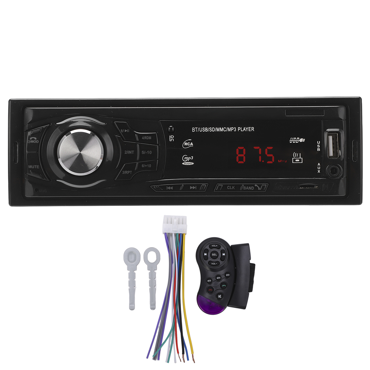 Ein schwarzes Autoradio mit Knöpfen und einem Display. Zubehör, einschließlich einer Fernbedienung, ist unten.