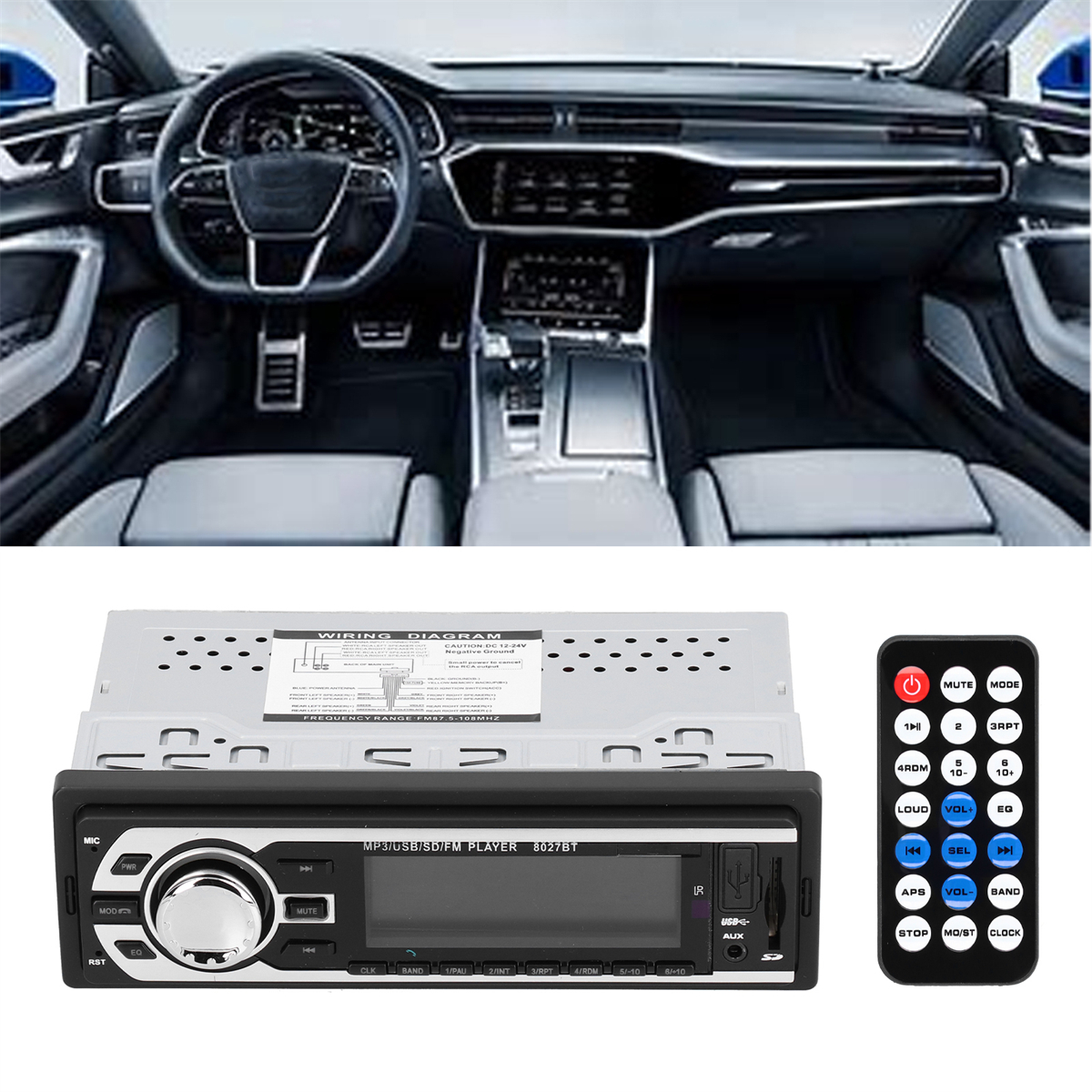 Autointerieur mit Armaturenbrett und Lenkrad, Autoradio und Fernbedienung.