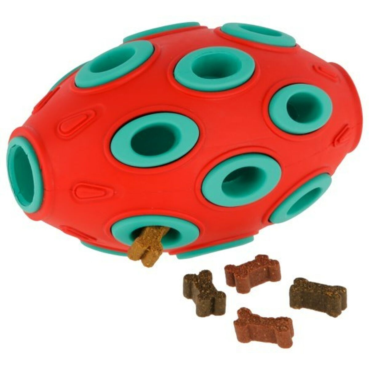 Un giocattolo per cani rosso e verde acqua con dolcetti.