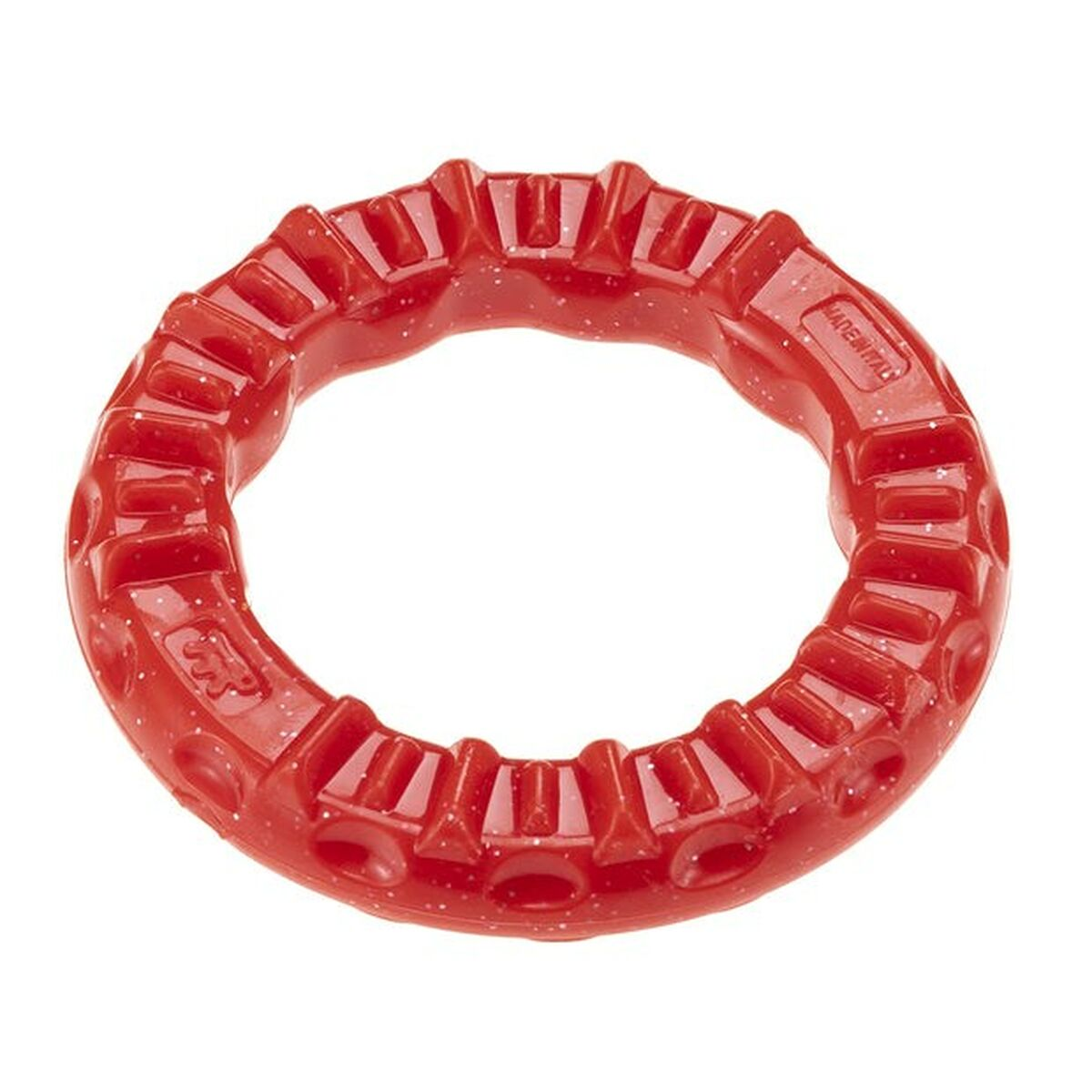 Giocattolo da masticare per cani rosso a forma di anello con superficie strutturata.