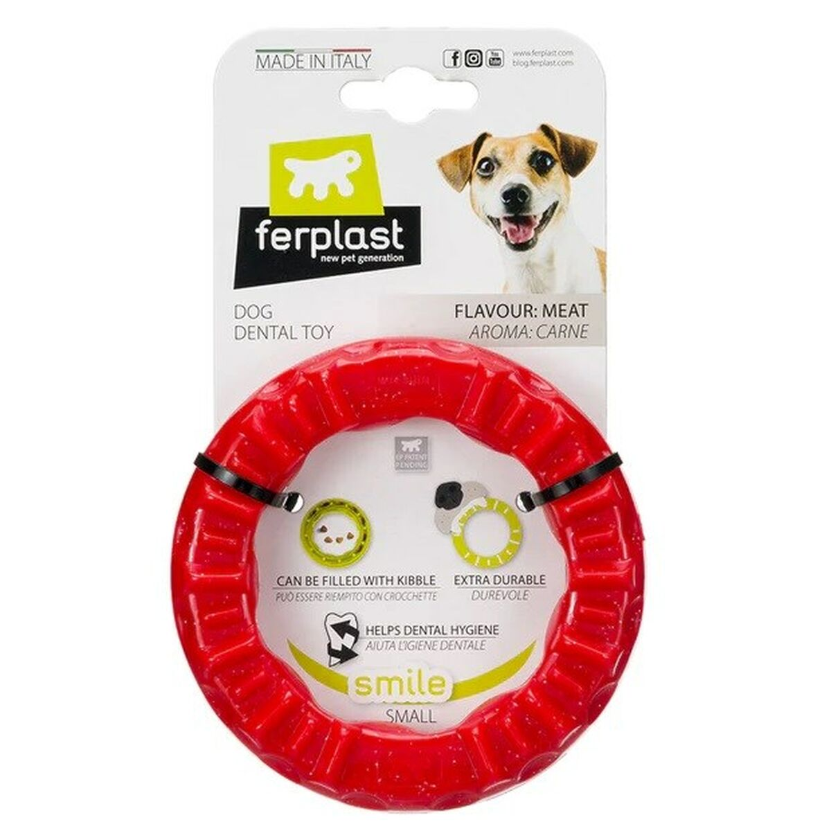 Giocattolo dentale rosso per cani a forma di anello, su confezione con immagine del cane e dettagli.