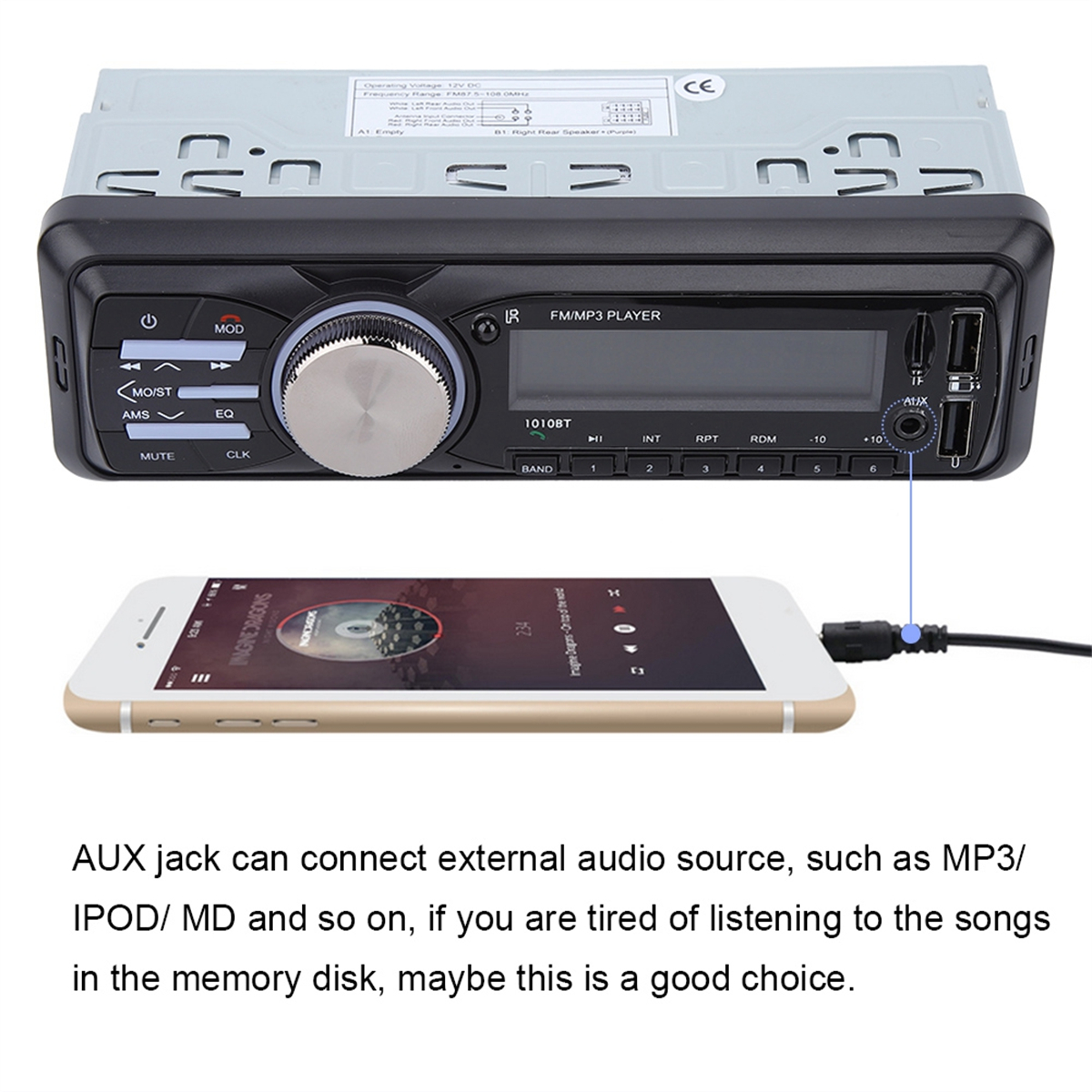 Autoradio mit angeschlossenem Telefon, Musik-Interface, Text für Audioanschluss.