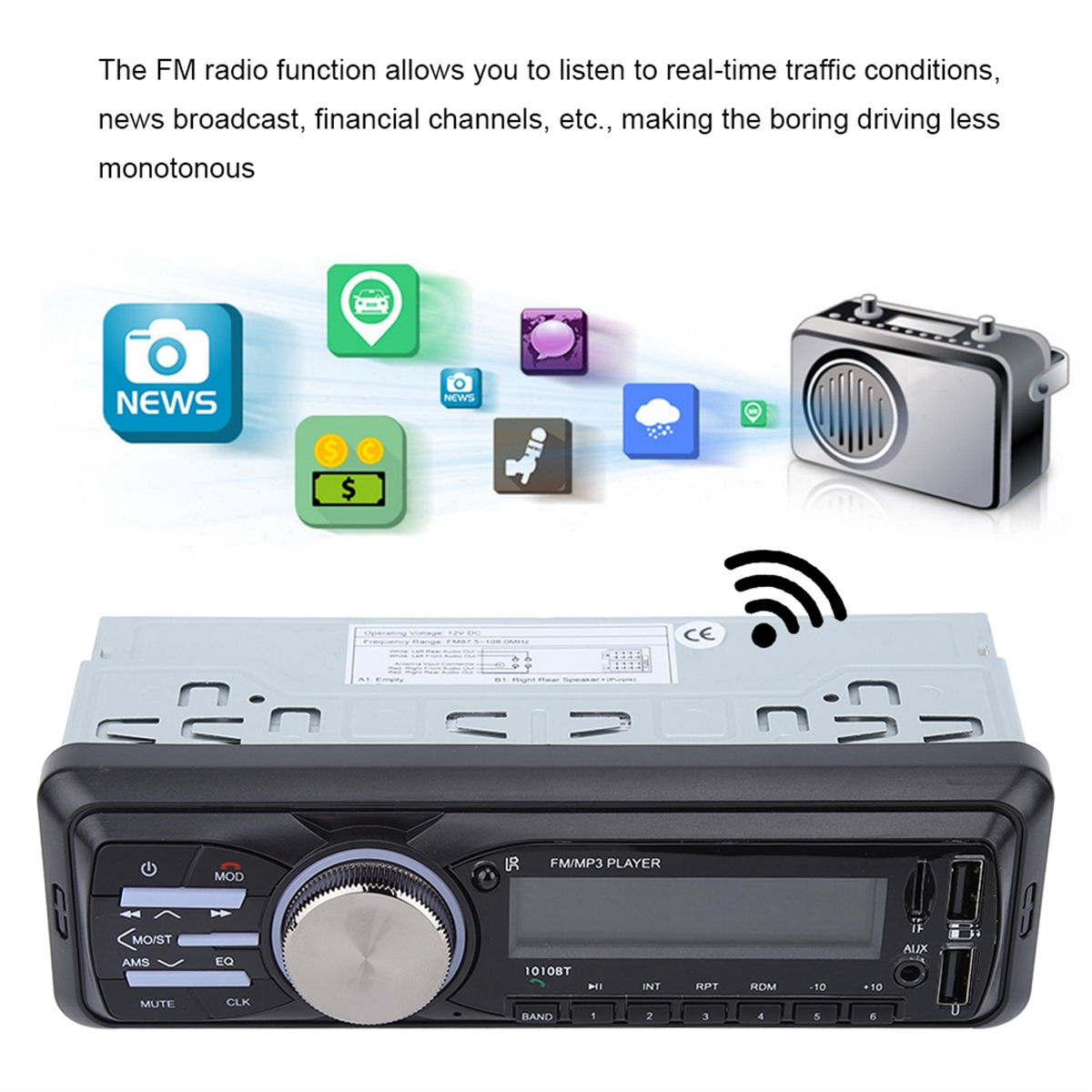 Ein Autoradio mit Tasten und Display, umgeben von Symbolen, mit einem WLAN-Symbol.