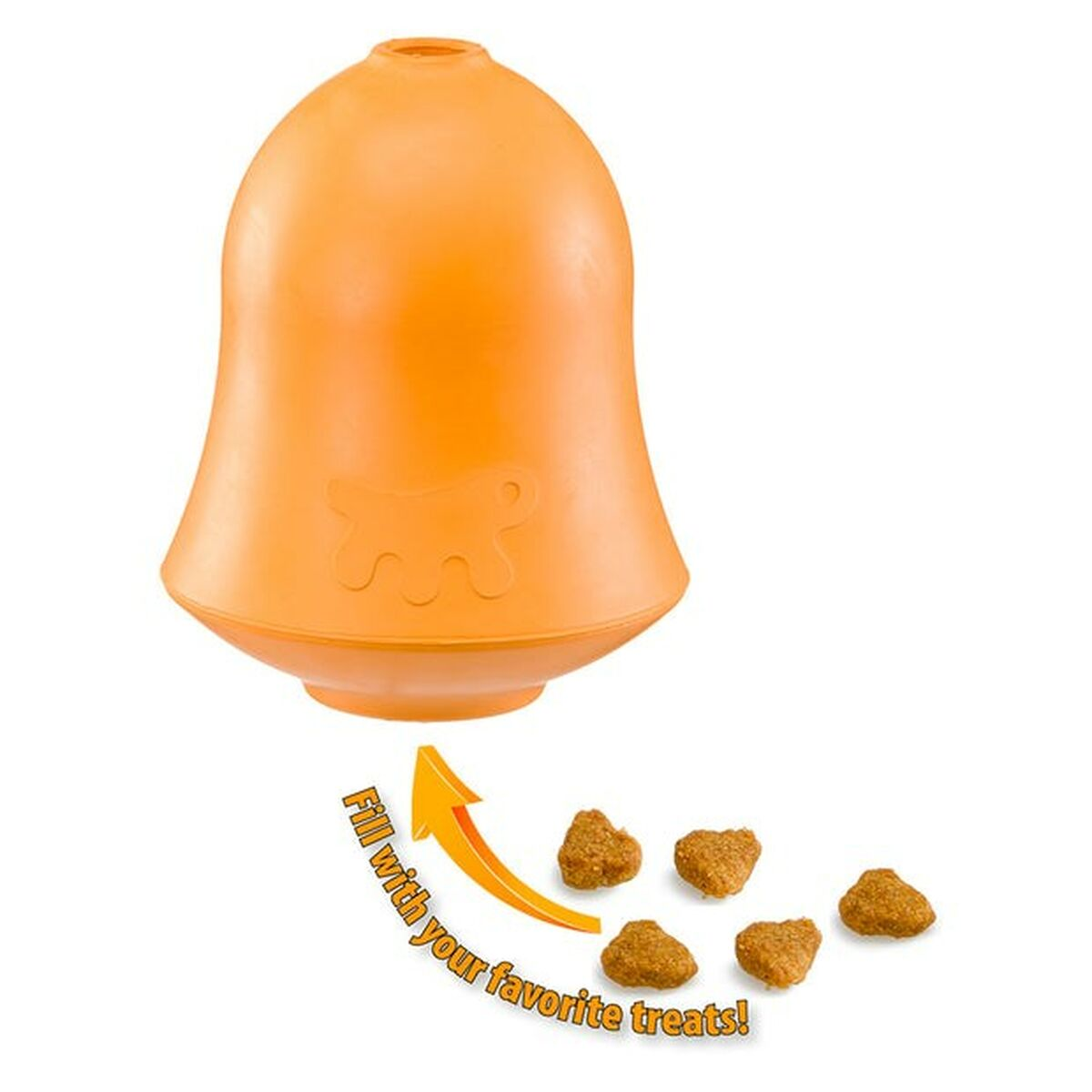 Orangenes Hundespielzeug mit Leckerlis, Pfeil zeigt auf Leckerlis, Text: Füllen Sie es mit Ihren Lieblings-Leckerlis!