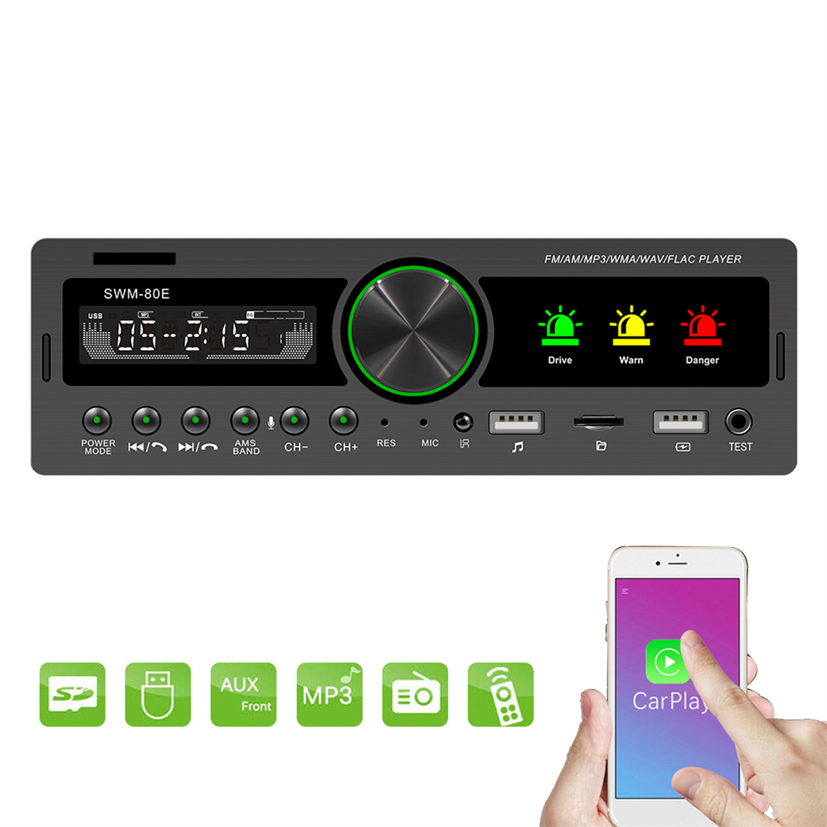 Autoradio mit Knöpfen und Display. Eine Hand hält ein Telefon mit CarPlay.