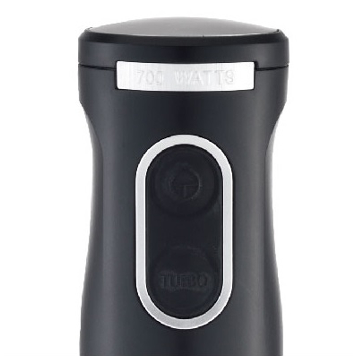 Primo piano di un frullatore a immersione nero con i pulsanti e il testo 700 watt e turbo.