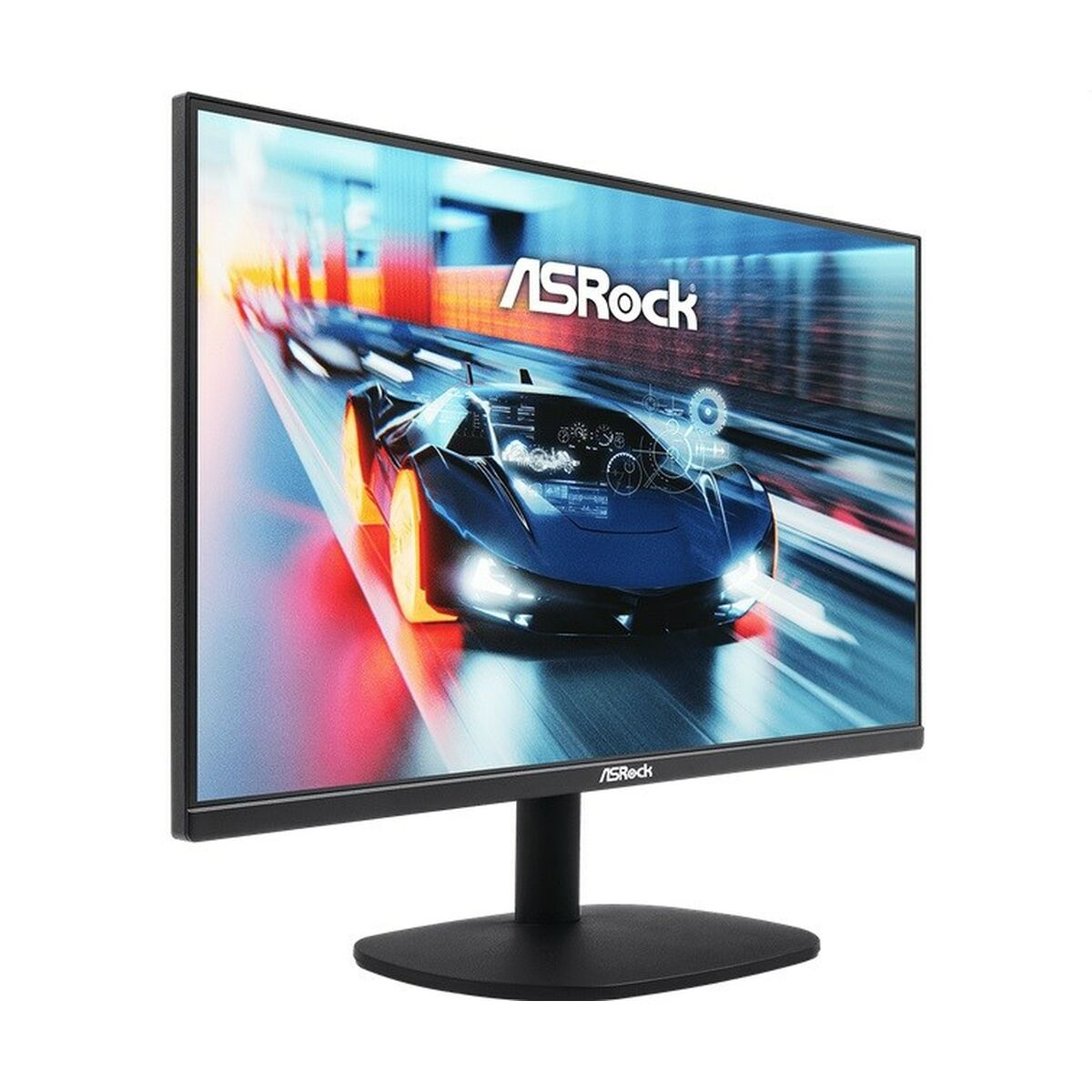 Monitor ASRock. Marco negro, mostrando una escena de carreras de coches. Soporte negro. Fondo blanco.