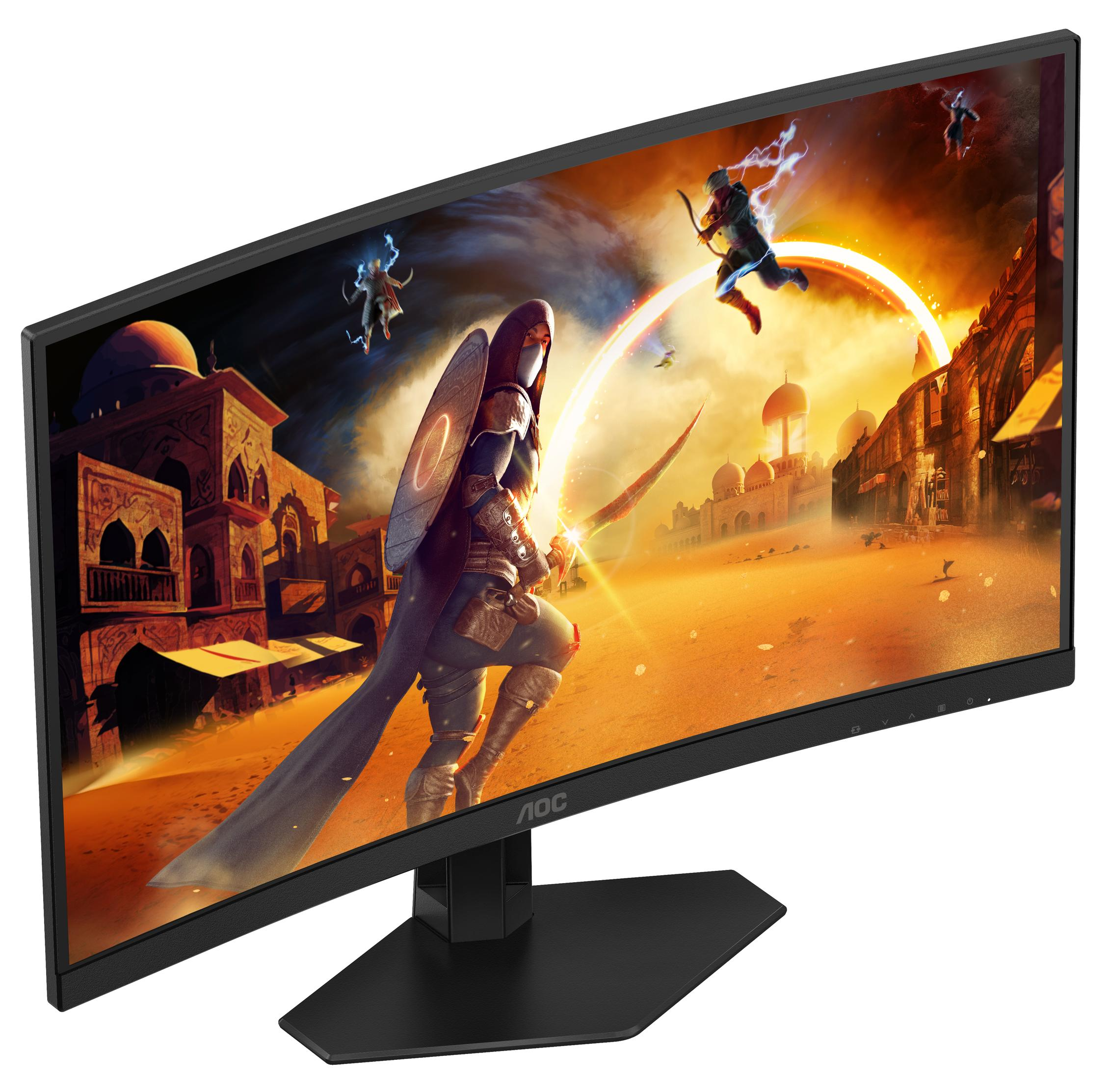 Zakrzywiony monitor do gier, wyświetlający scenę fantasy z postaciami i miastem.