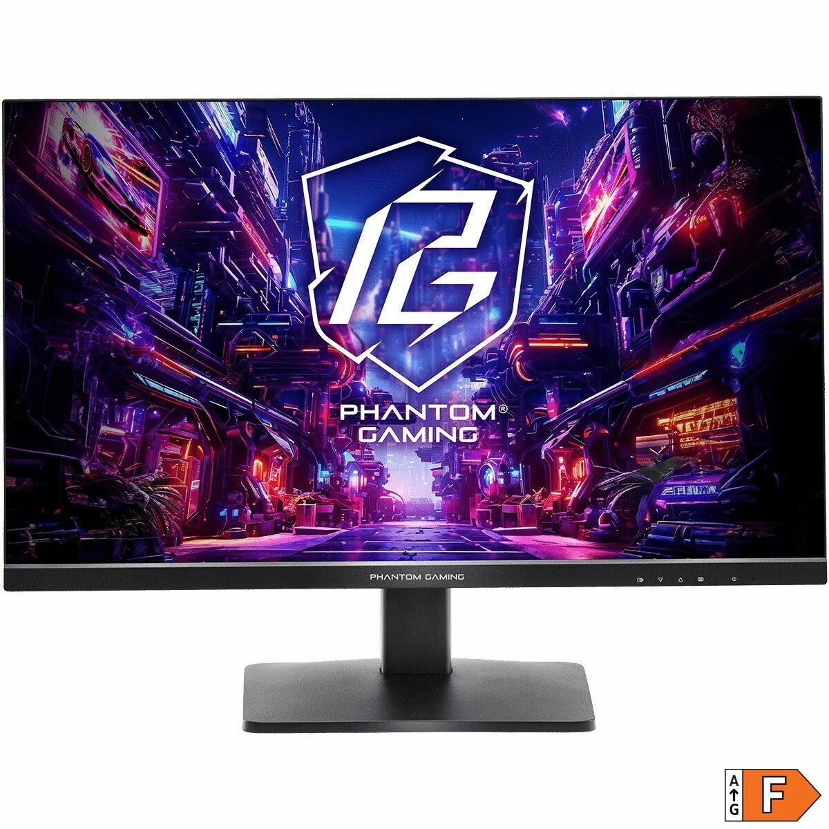 Un monitor de ordenador con un logotipo de juego en la pantalla y un soporte negro.