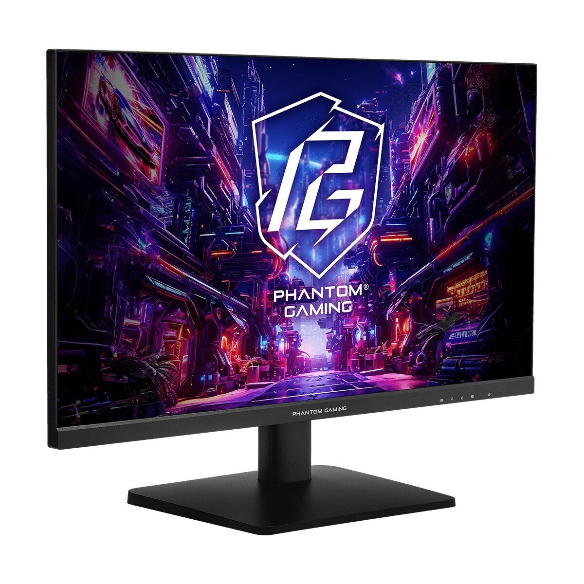 Monitor gaming mostrando escena urbana colorida con logo estilizado en el cielo.