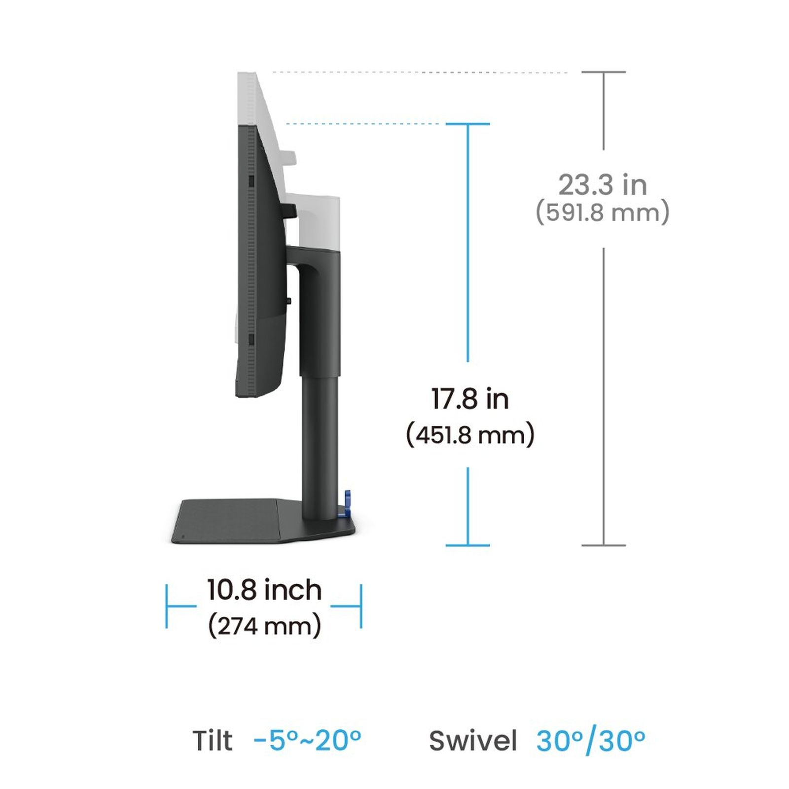 Zijaanzicht van een monitor met afmetingen in inches, met details over kantelen en draaien.