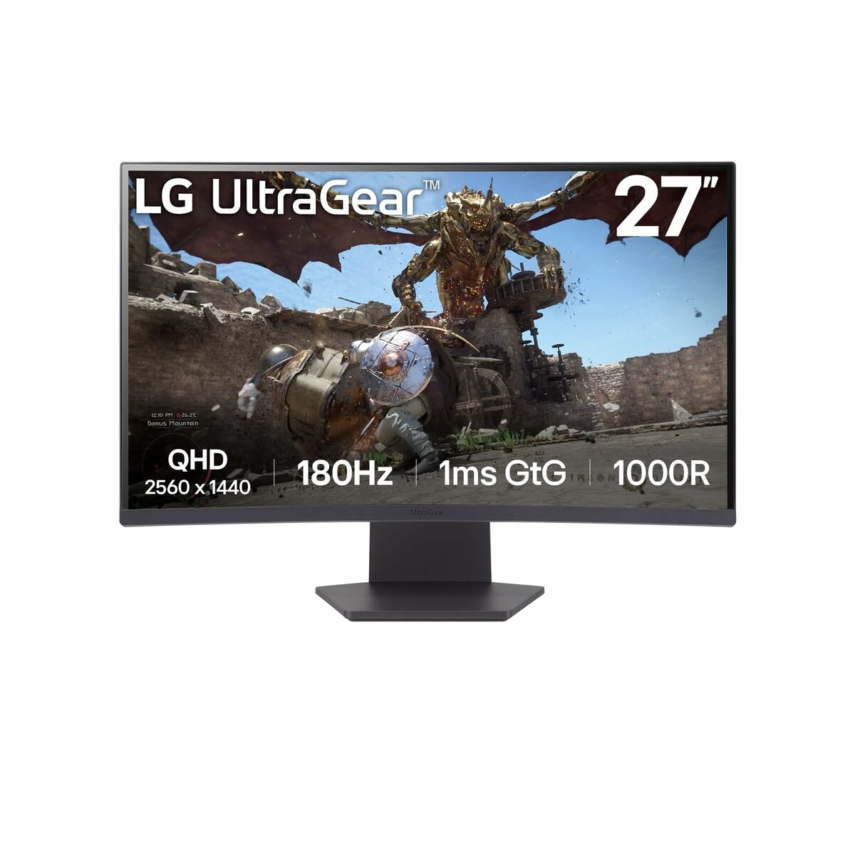 Czarny monitor LG UltraGear wyświetlający scenę z gry wideo.