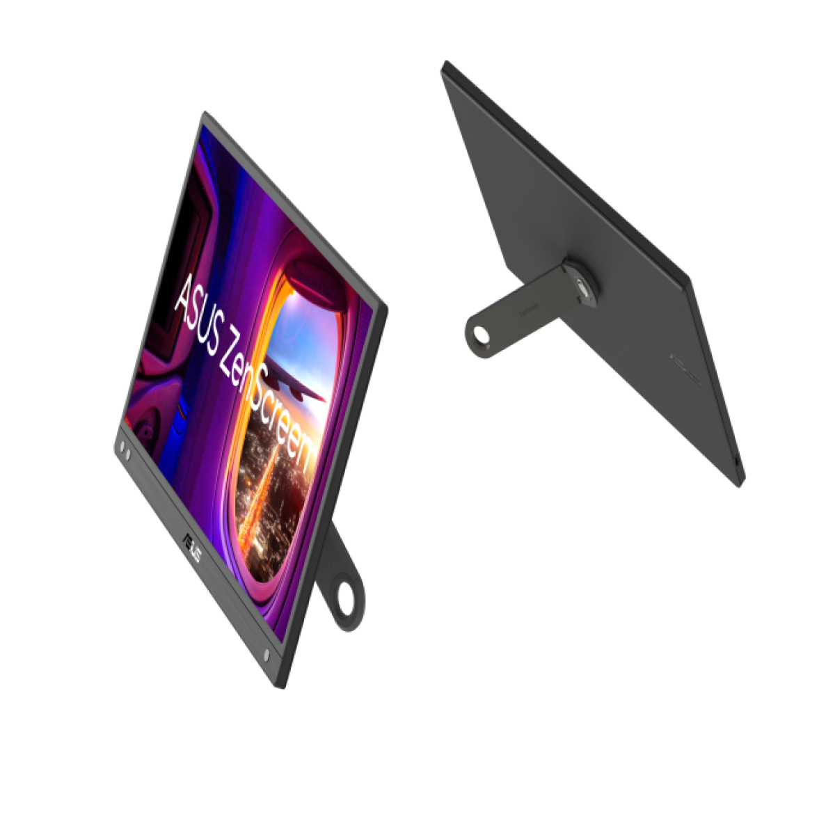 Dwa monitory Asus, jeden pod kątem pokazujący obraz i jeden z tyłu.