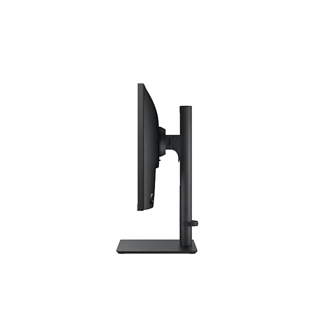 Un monitor per computer nero da un'angolazione laterale, che mostra il supporto e lo schermo.