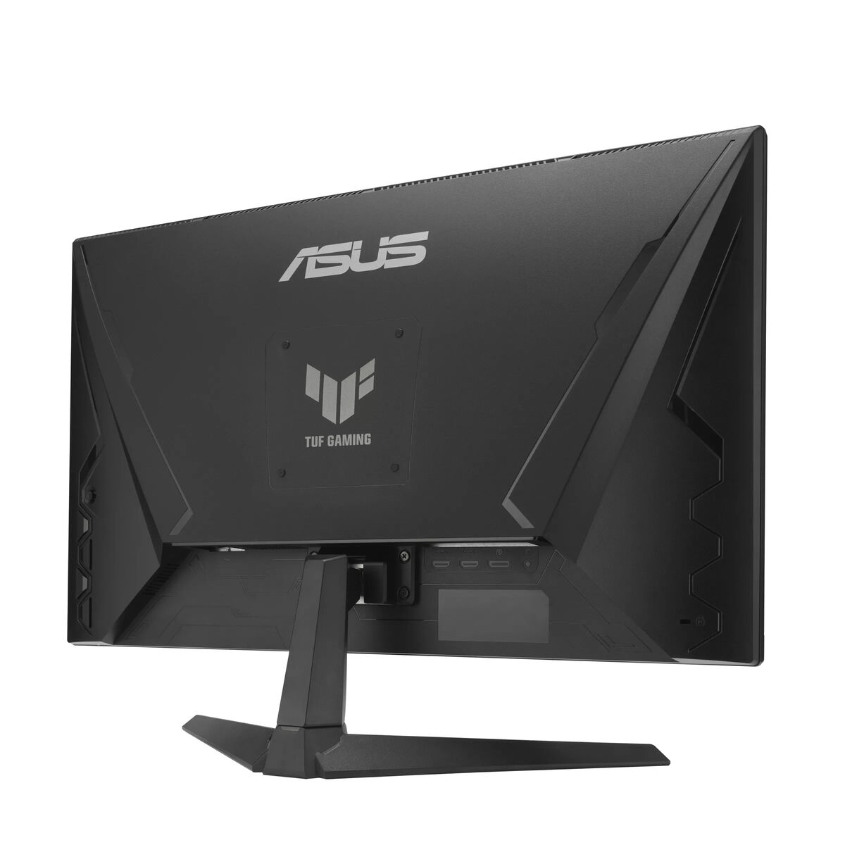 Achterkant van een zwarte ASUS monitor met een standaard. Het heeft ASUS en TUF Gaming logo's.