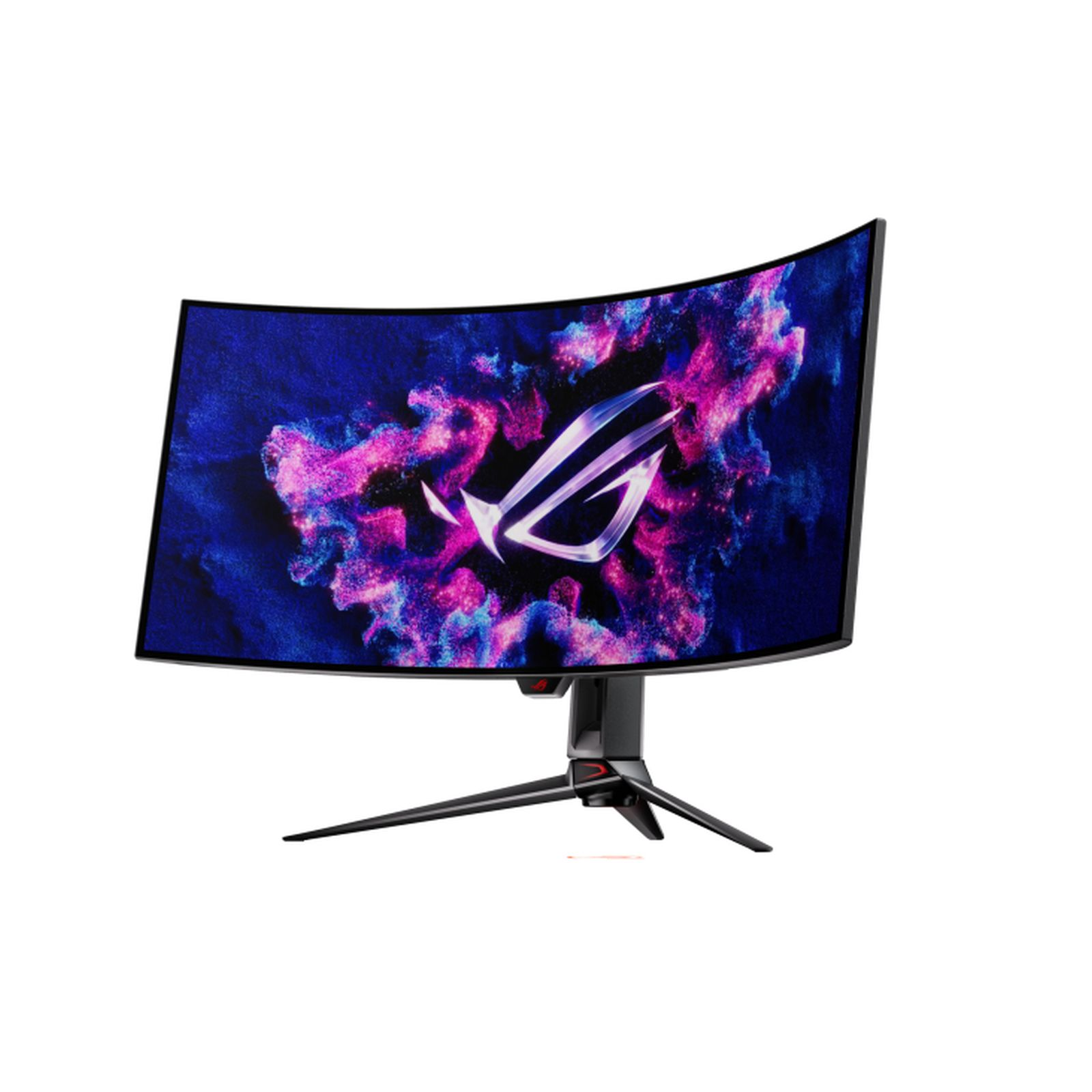 Een gebogen gamingmonitor met een donker scherm. Het logo is zichtbaar. De standaard is zwart.