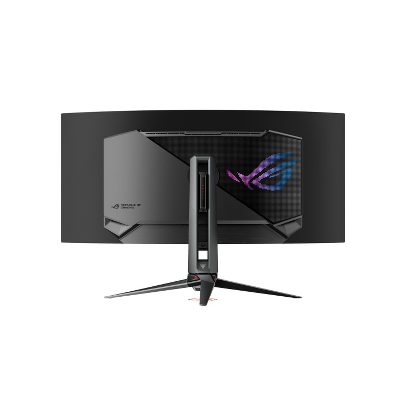 Achteraanzicht van een zwarte ASUS ROG-monitor met een kleurrijk logo en een V-vormige voet.