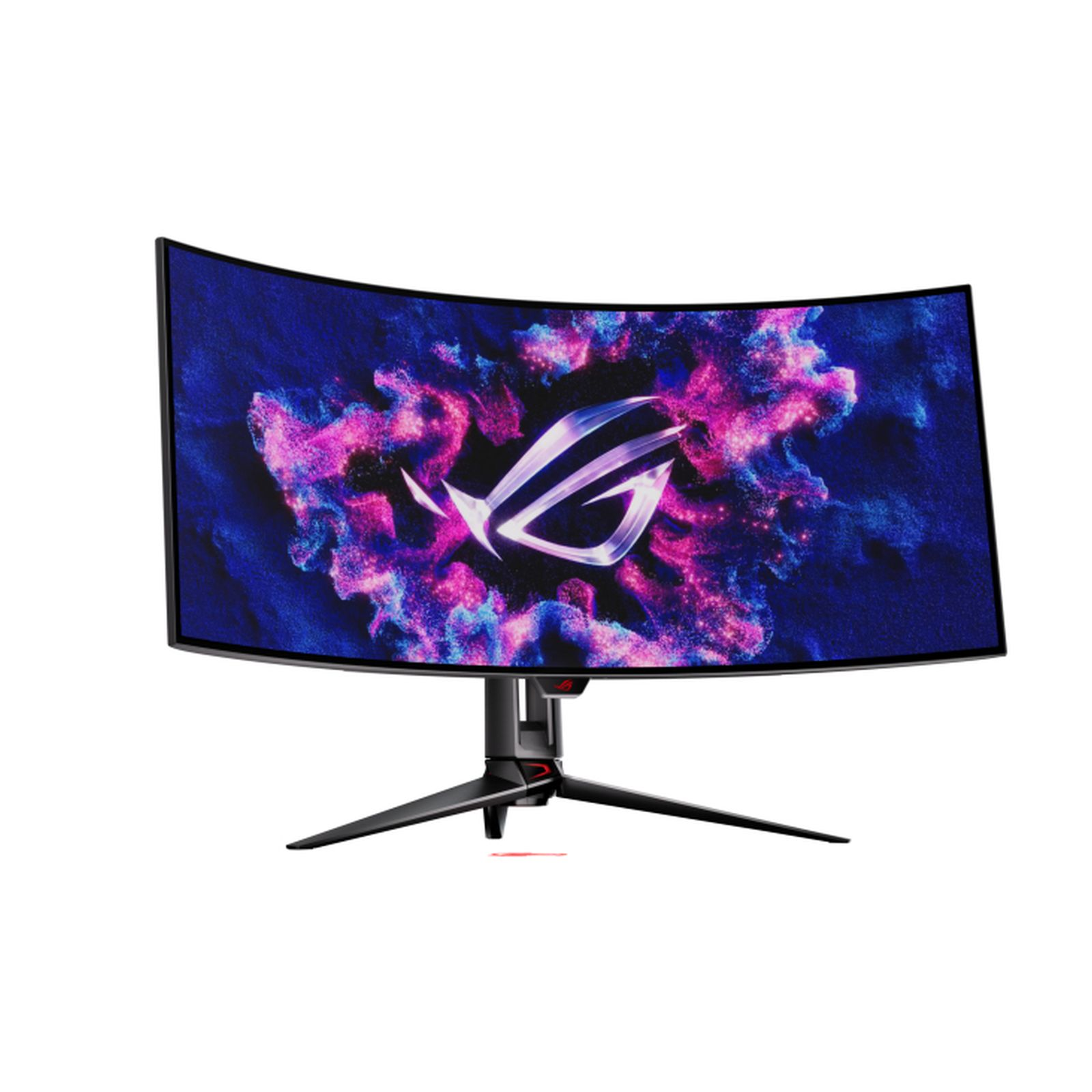Een gebogen monitor met een ROG logo, met een kleurrijke, abstracte achtergrond.