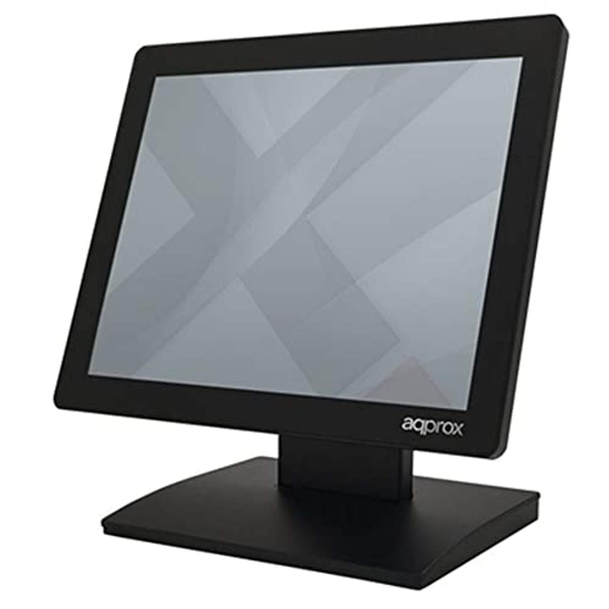 Monitor negro sobre soporte negro. La pantalla muestra un patrón geométrico gris. Logotipo de Aqprox.