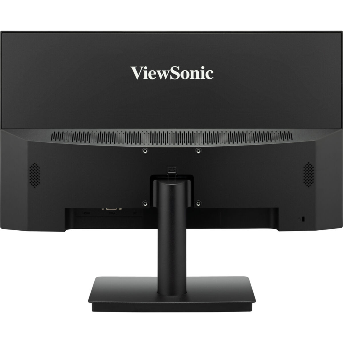 Tył czarnego monitora ViewSonic, ze stojakiem oraz różnymi portami i etykietami.