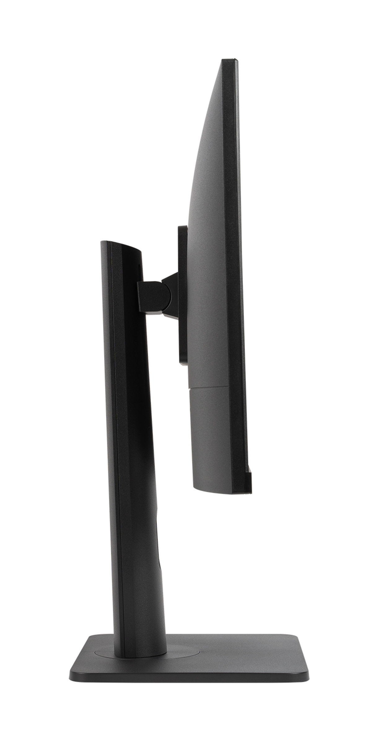 Seitenansicht eines schwarzen Computermonitors mit schwarzem Ständer, weißer Hintergrund.