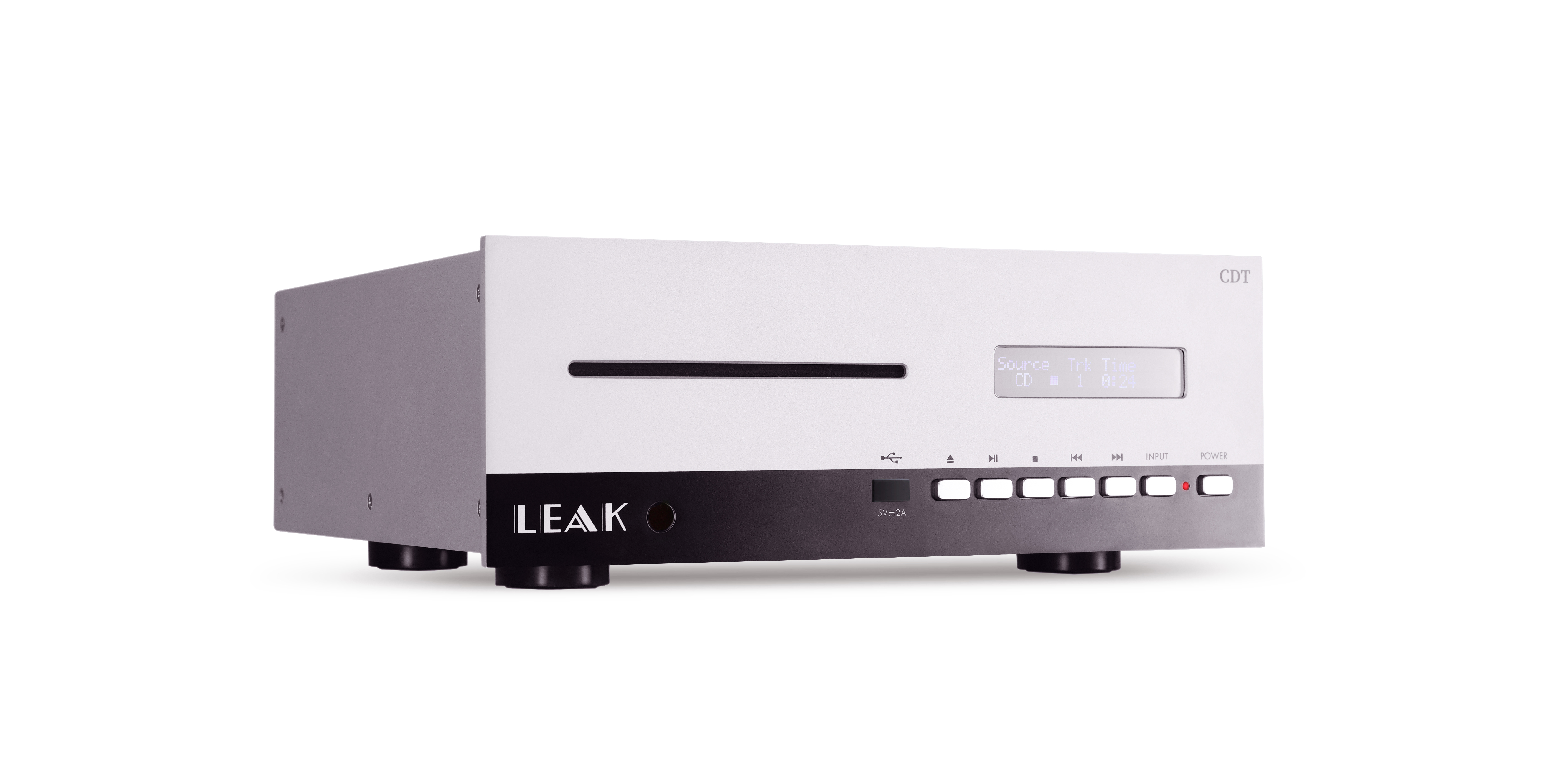Ein silberner Leak CDT, ein CD-Player. Er hat ein Display, Knöpfe und einen CD-Schlitz.