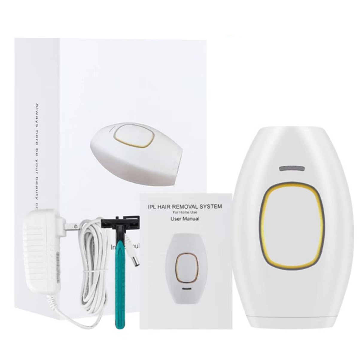 Urządzenie do usuwania włosów i akcesoria, w tym adapter ładowania, maszynka do golenia i instrukcja obsługi.