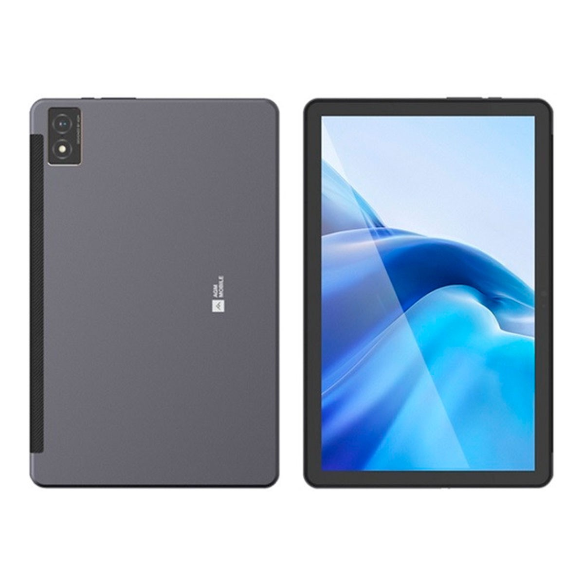 Un tablet su una superficie bianca, che mostra il fronte e il retro.