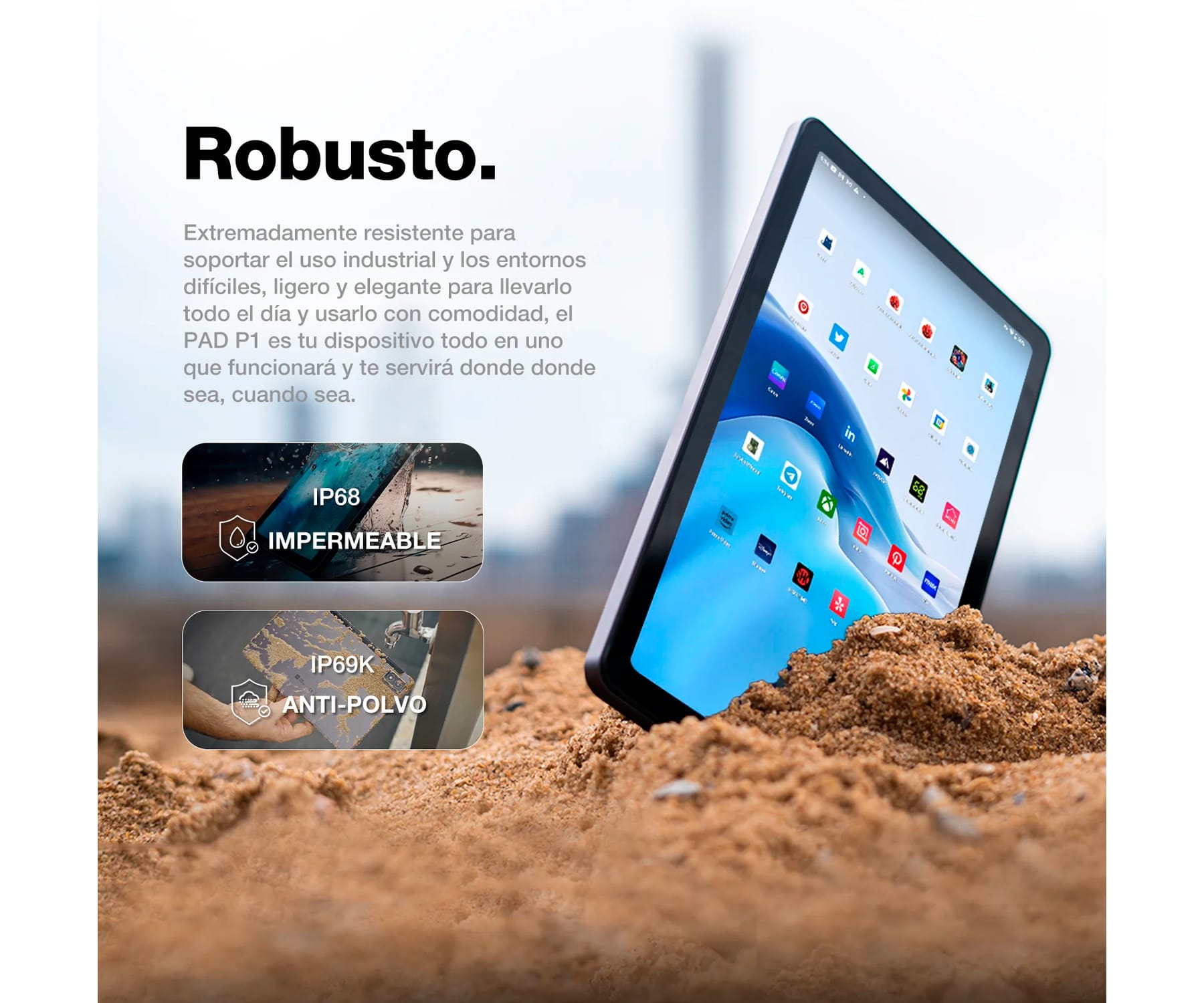 Un tablet è sulla sabbia. Il testo dice che è impermeabile e antipolvere. Il tablet è grigio e bianco.