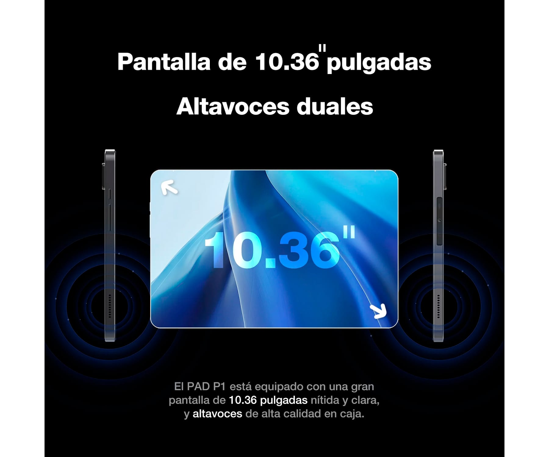 Un tablet con schermo da 10,36 pollici e doppi altoparlanti. È mostrato nell'immagine.