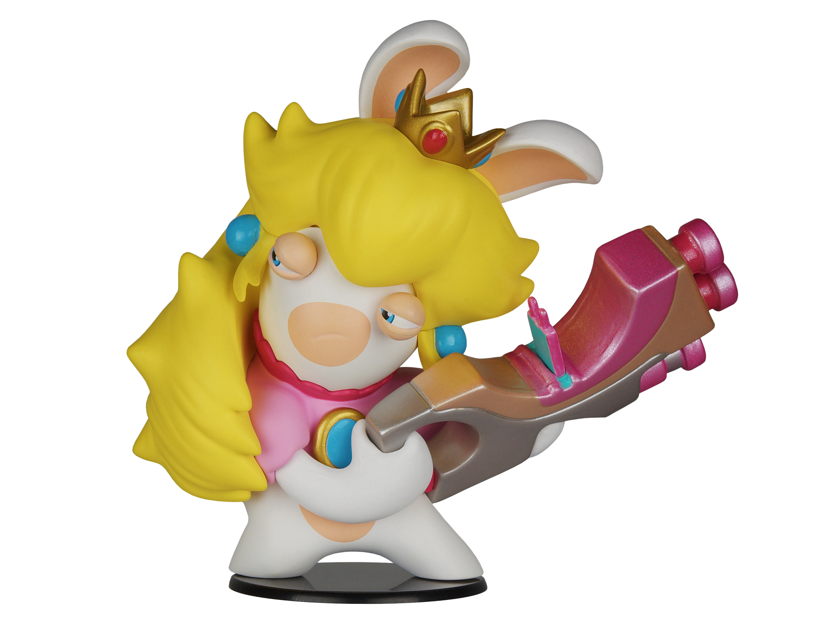 Una figura blanca de Rabbid Peach sosteniendo un arma rosa, con corona y orejas de conejo.