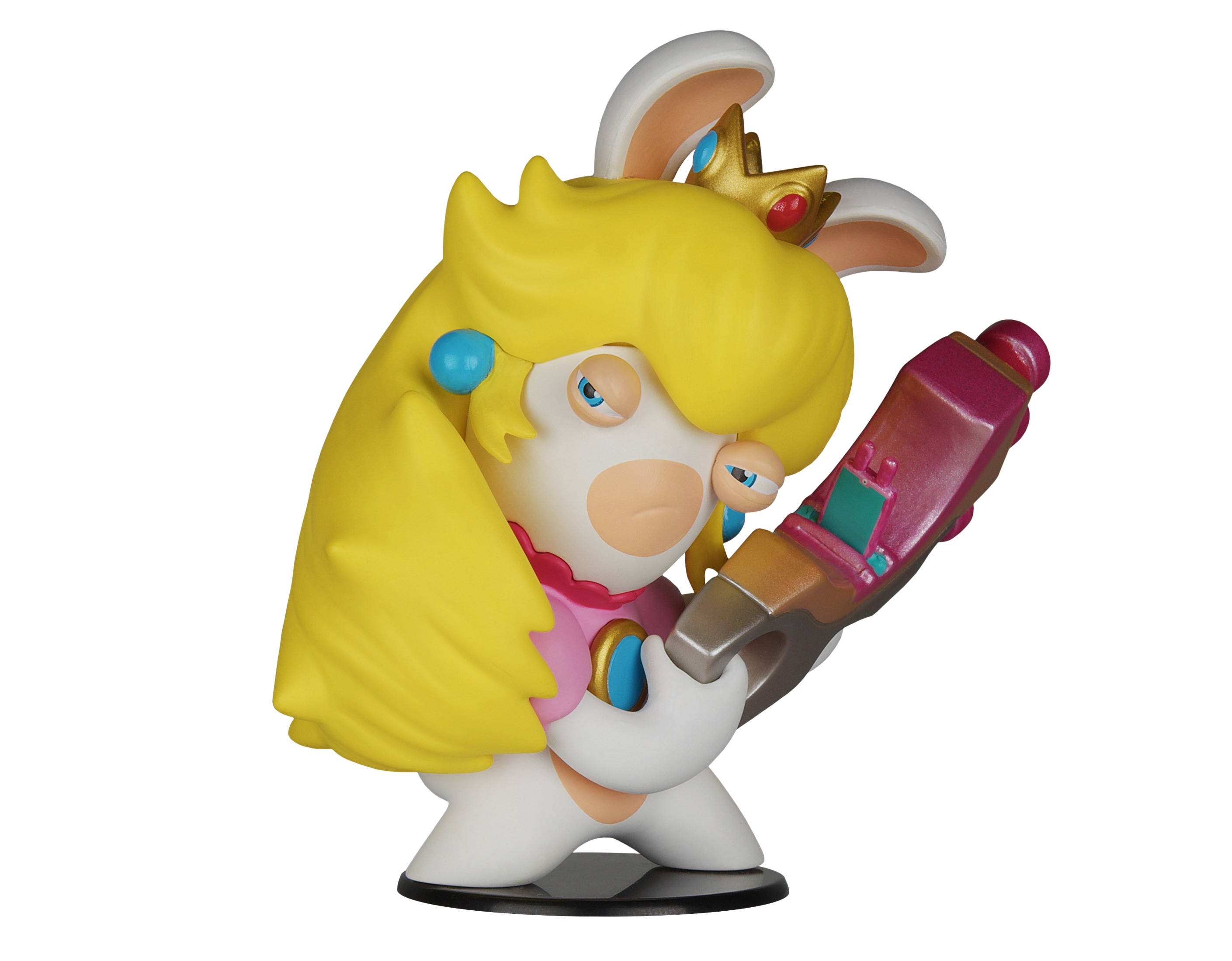 Un personaje blanco parecido a un conejo con corona y pistola, en una pose dinámica.