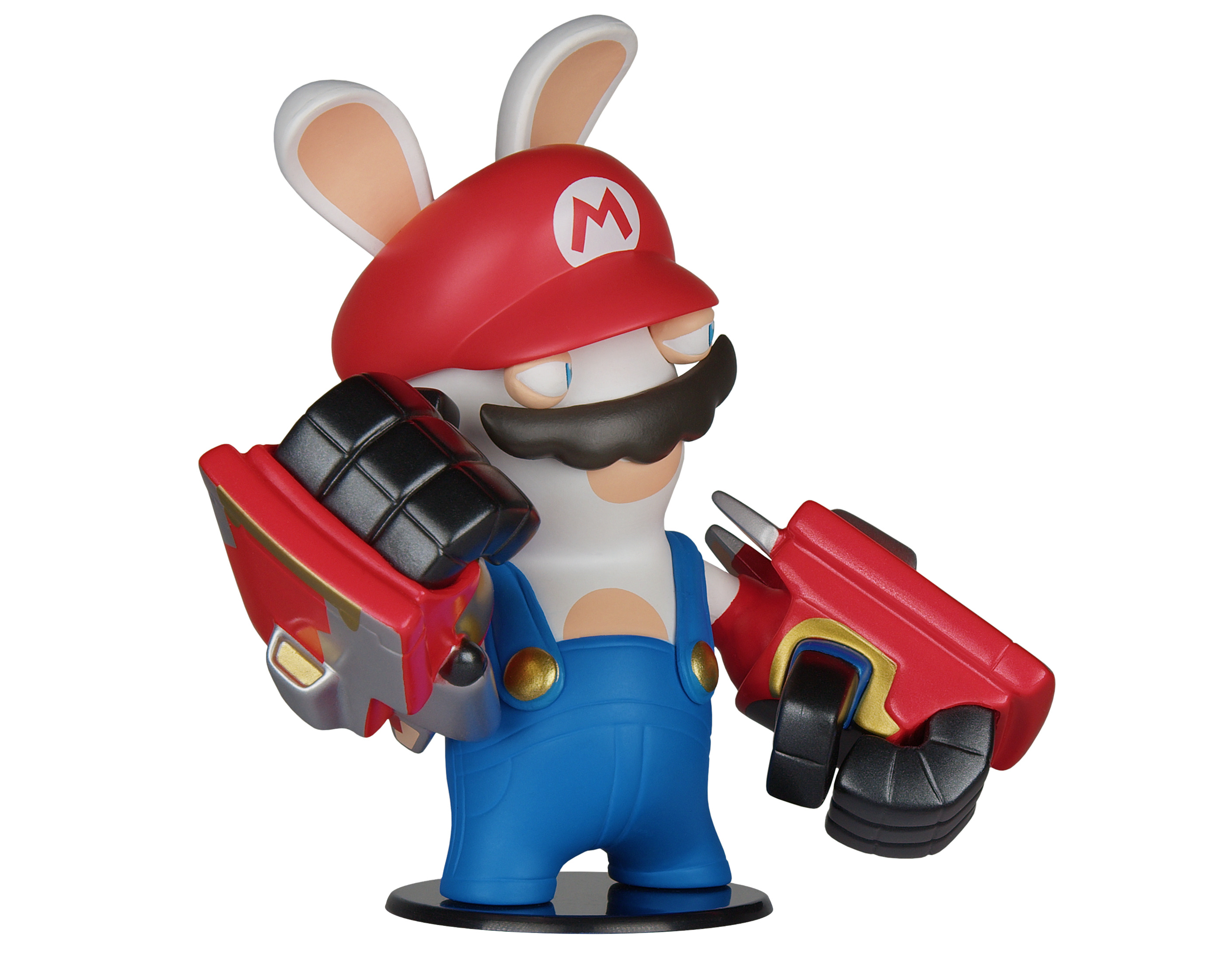 Mario-Rabbit-Figur, weißer Körper, roter Hut, Latzhose, hält zwei rote Blaster.
