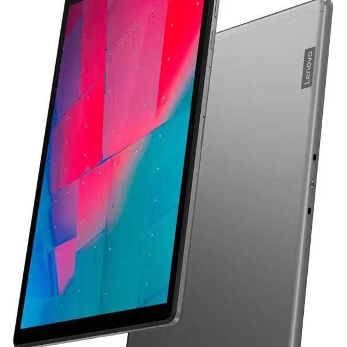 Una tableta Lenovo se muestra con pantalla brillante y parte trasera gris, ligeramente inclinada.