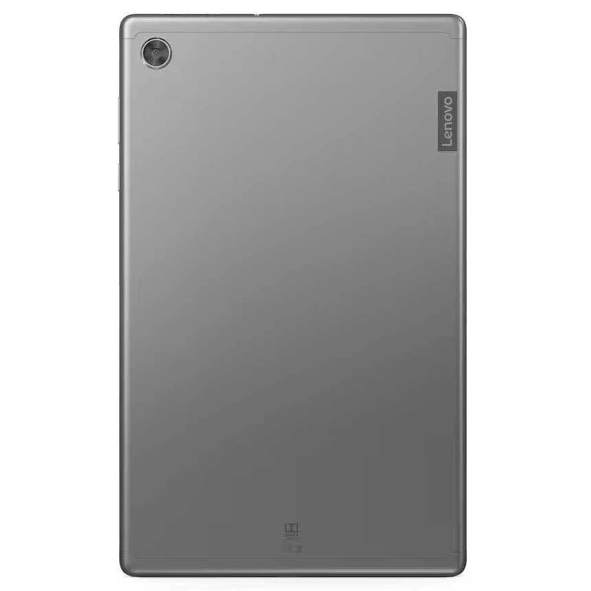 Tableta Lenovo gris, vista trasera. Cámara en la esquina superior izquierda.