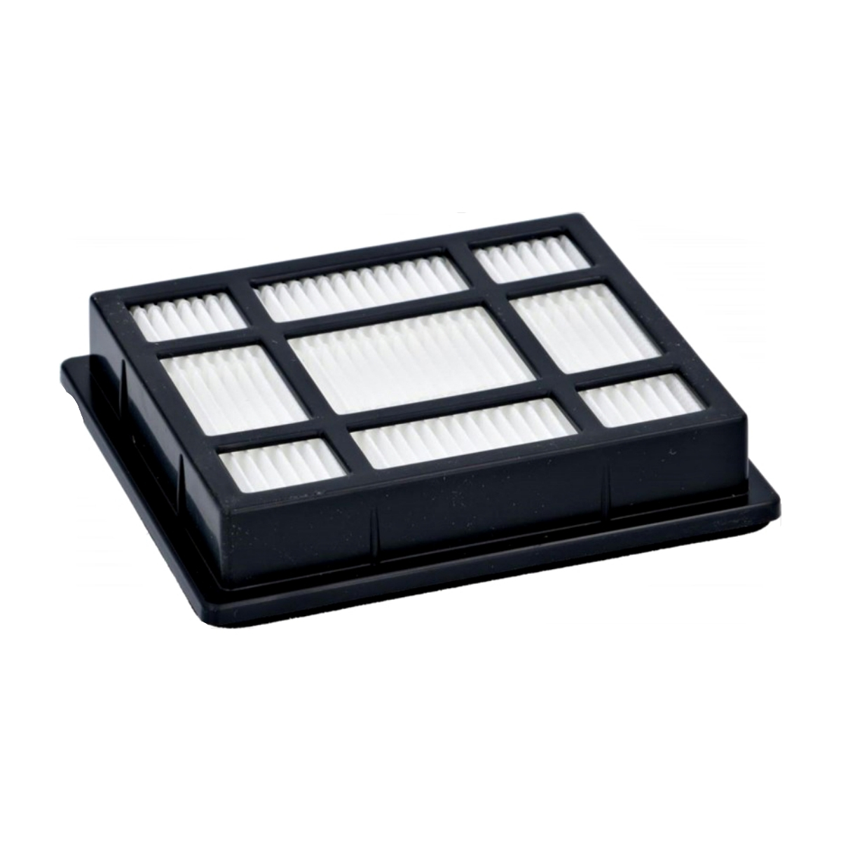 Un filtro rectangular negro, con material filtrante blanco en las aberturas.
