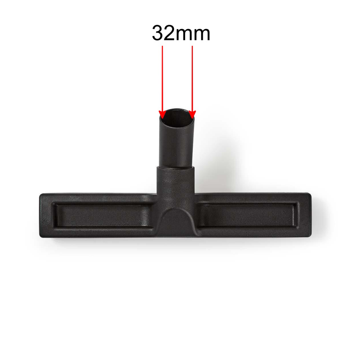Un cabezal de aspiradora negro con una abertura de 32 mm de diámetro, aislado sobre un fondo blanco.