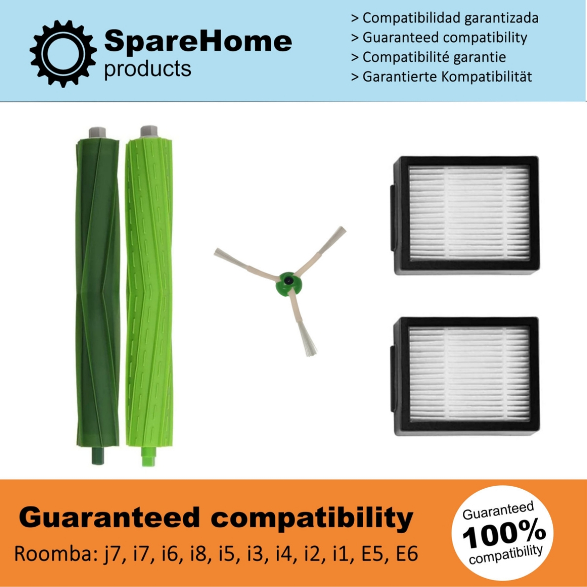 Productos SpareHome. Rodillos de cepillo verdes, un cepillo lateral y dos filtros.
